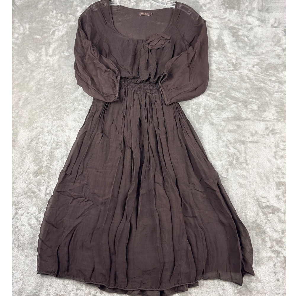 Phase Eight Brown 100% Silk Smocked Midi Dress Rosette Made in Italy Womens M